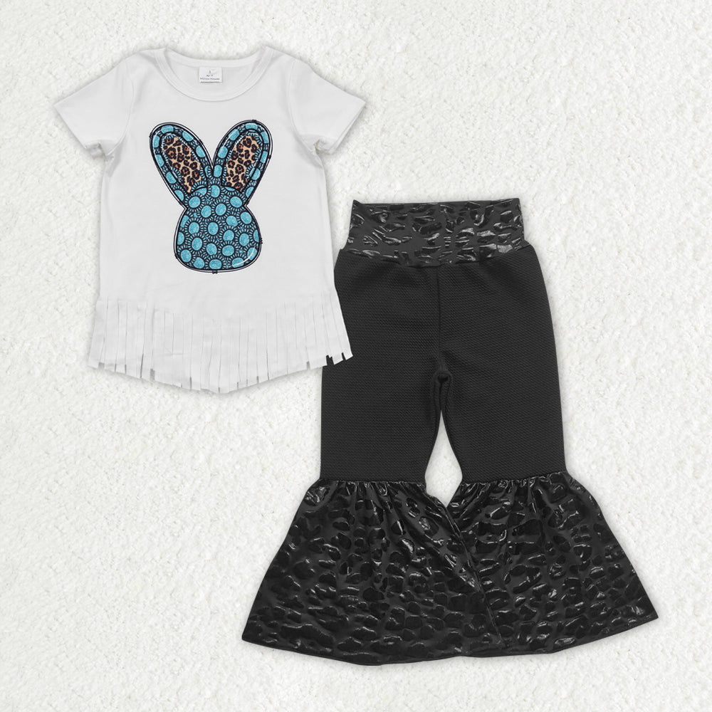 GSPO1962 Easter outfit sets Bunny Girl White short sleeve Top Black Velvet Bell Bottom Pants Outfit Girls Boutique outfits 202412