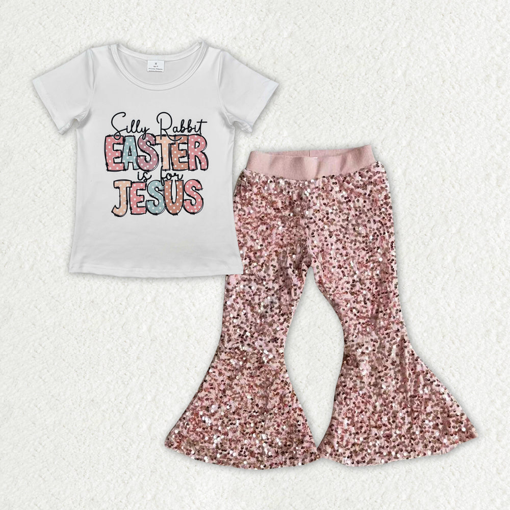 GSPO1964  Easter Jesus outfit Bunny Girl White short sleeve Top Pink Sequin Bell Bottom Pants Outfit Girls Boutique outfits 202412