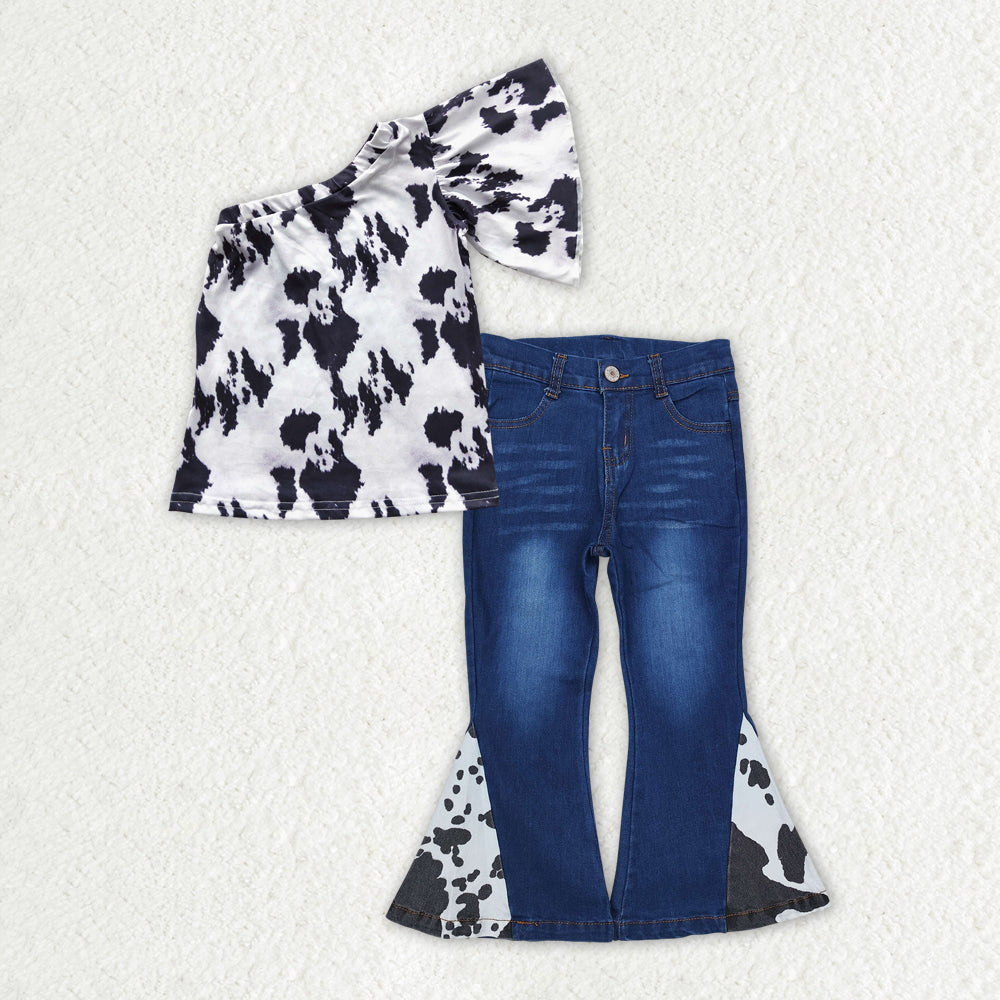 GSPO1982 Cute girl clothes Black Off-the-shoulder top Dark blue bell bottom pants Girls Boutique outfits 202501 RTS