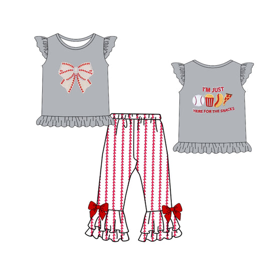 Preorder GSPO1993 Baseball Bow  Grey flying short sleeve top double lace pants sets Girls Boutique Summer clothes  202502 RTS