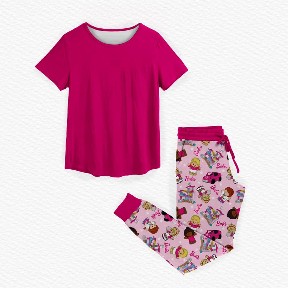 Preorder GSPO1995 barbie rose red short sleeve top pants sets Girls Boutique Summer clothes  202502