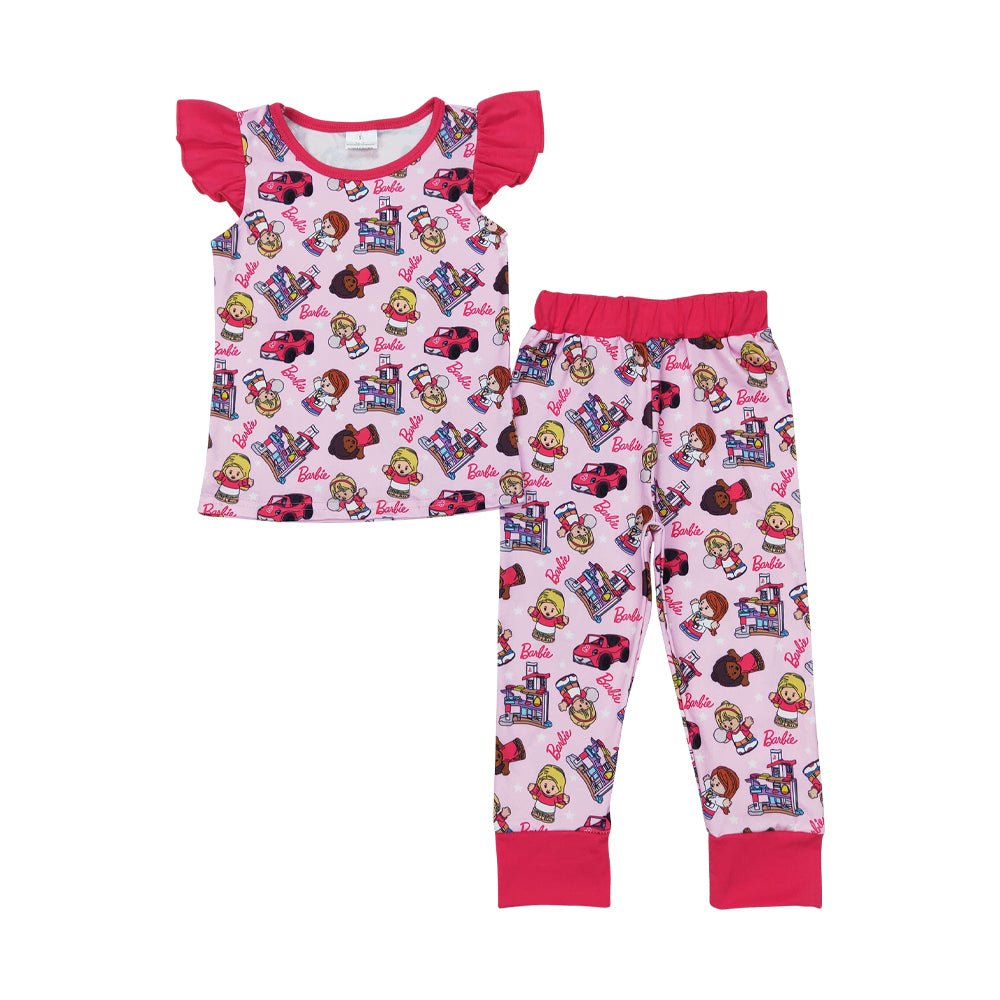 GSPO1996 cartoon pattern barbie rose red flying sleeve top pants sets Girls Boutique Summer clothes  202503 RTS