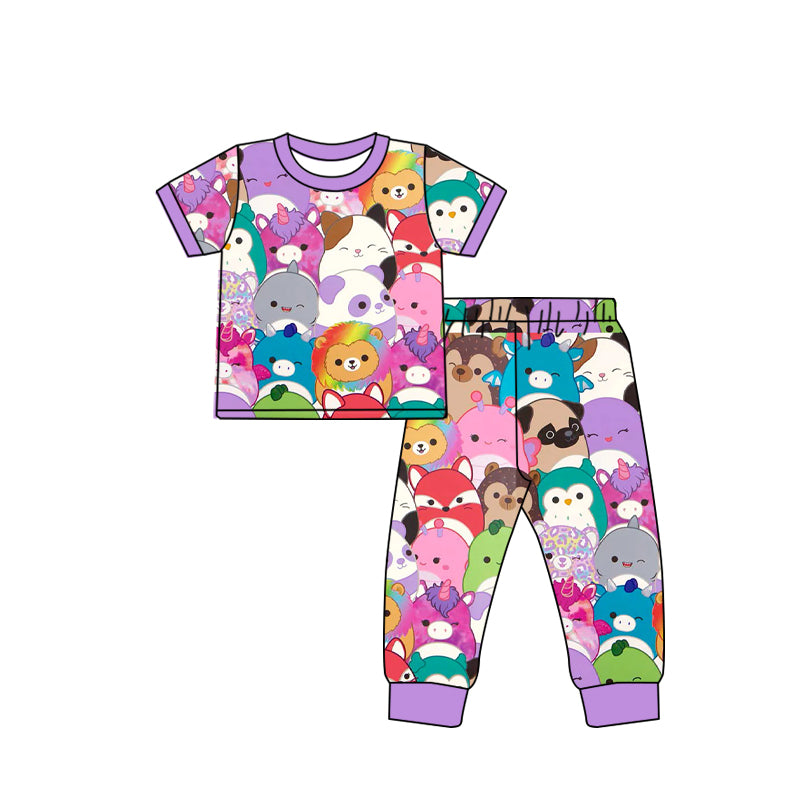 preorder GSPO1999 Cartoon animal purple short sleeve top pants set girls Boutique Summer outfit 202502