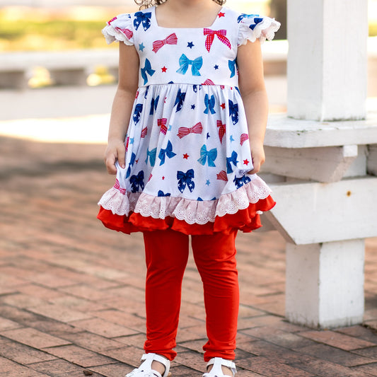 preorder GSPO2007 Double lace Red Blue bows White short sleeve top pants sets girls boutique outfit 202502