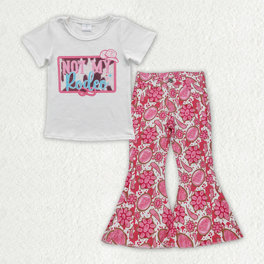 GSPO2013 White Pink Letter Short Sleeve Top Denim Bell Bottom Pants Sets Girls Boutique Outfits  202503 RTS