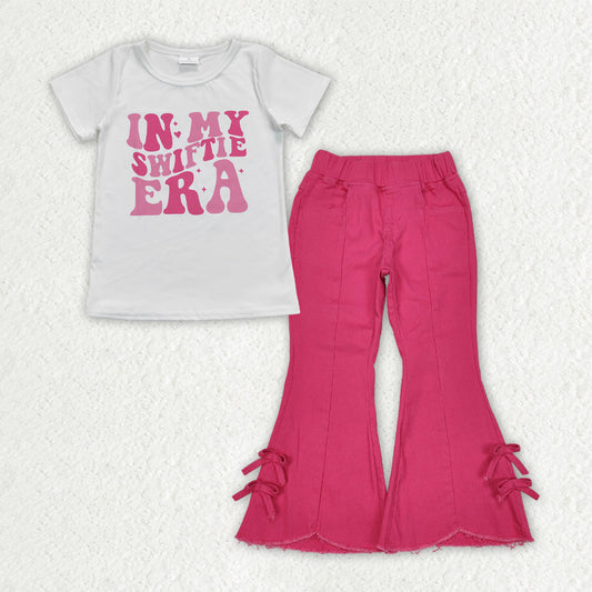 GSPO2014 White Rose Red Letter Short Sleeve Top Denim Bell Bottom Pants with Bows Sets Girls Boutique Outfits  202503 RTS