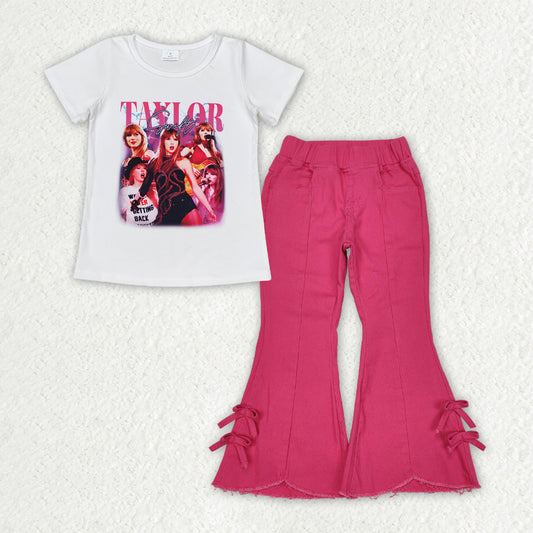 GSPO2015 Taylor Swift White Rose Red Short Sleeve Top Denim Bell Bottom Pants with Bows Sets Girls Boutique Outfits  202503 RTS