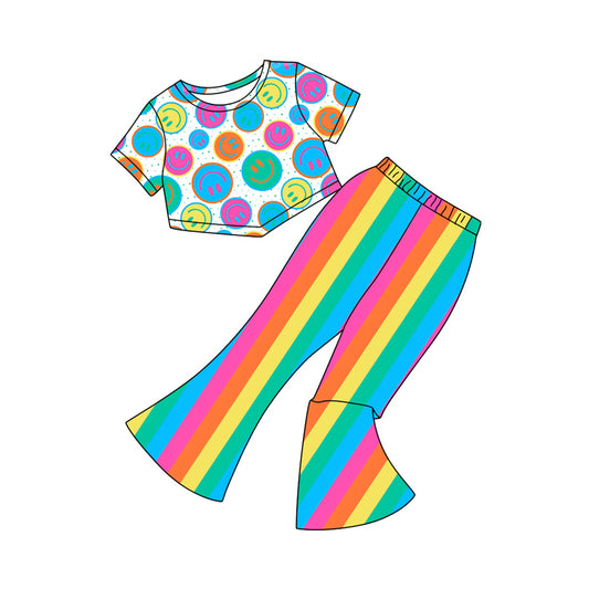 preorder GSPO2016 Colored Smile Face Short Sleeve Stripe Pants Sets Girls Boutique Outfits 202504
