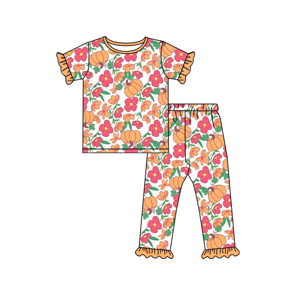 preorder GSPO2018   Pumpkin Flowers Orange Ruffle Short Sleeve Pants Sets Girls Boutique Outfit 202504