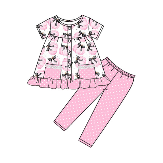 preorder GSPO2019 Pumpkin Bows Pink Ruffle Short Sleeve Dots Pants Sets Girls Boutique Outfit 202504