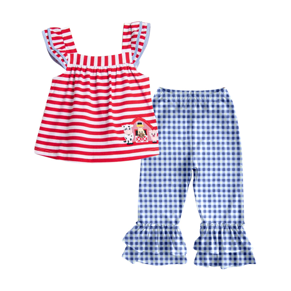 preorder GSPO2023 Farm Animals Red Stripe Flying Sleeve Blue Plaid Ruffle Pants Sets Girls Boutique outfit 202505