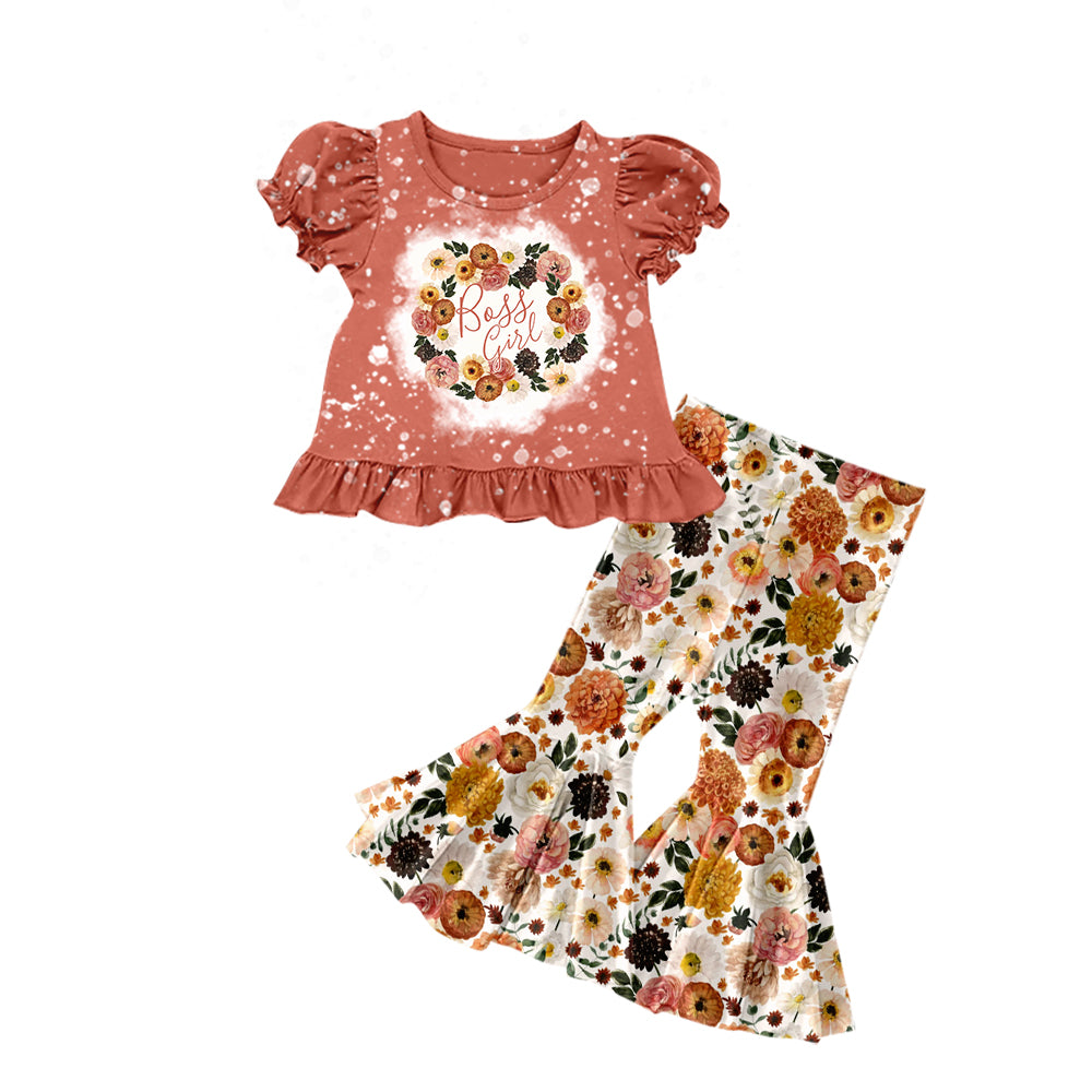 Preorder GSPO2026 Boss Girl Flower Ruffle Orange Short Sleeve Pants  Sets Girls Boutique Outfit  202505
