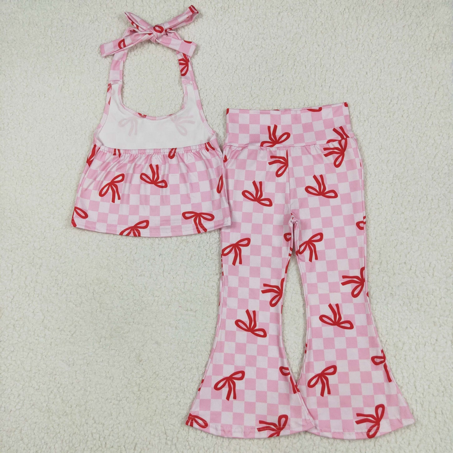 GSPO2030 Pink White Plaid Suspender Bell Bottom Pants Set with Red Bow Pattern Girls Boutique Outfit  202506 RTS