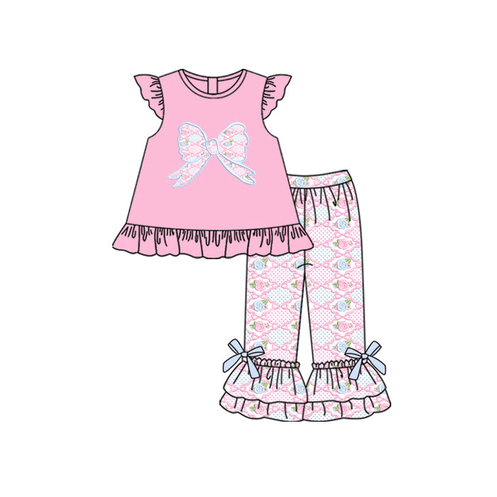 Preorder GSPO2033 Flower Bow Pink Ruffle Fly Sleeve Pants Sets Girls Boutique Outfit  202505