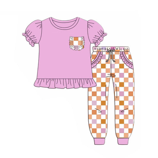 Preorder GSPO2041 Colored Plaid Ruffle Pocket Pink Short Sleeve Pants Sets Girls Boutique Outfit  202505