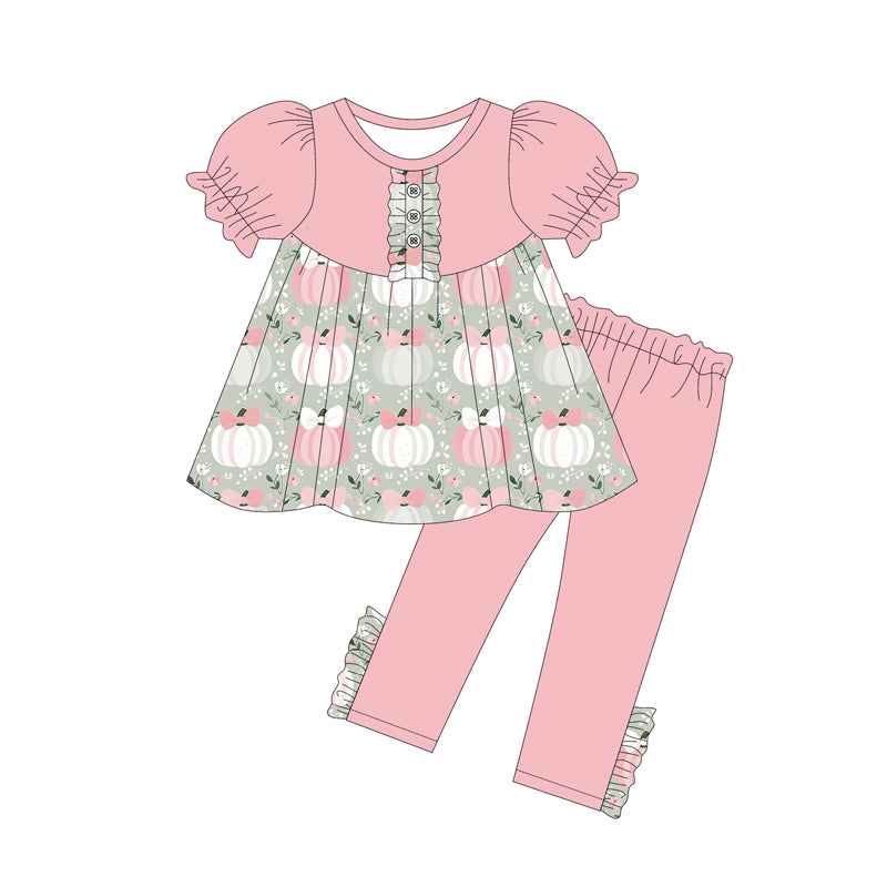 Preorder GSPO2042 Pumpkin Flower Buttons Pink Short Sleeve Pants Sets Girls Boutique Outfit  202505
