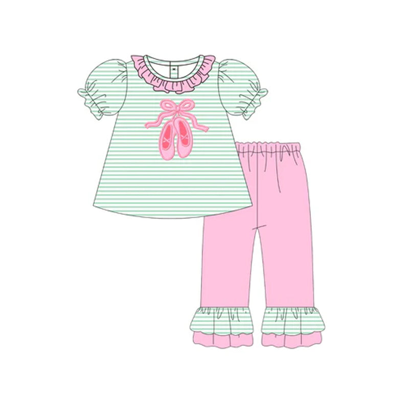 Preorder GSPO2045 Girls Boutique Shoes Bows Pattern Green Stripe Pink Ruffle Puff Short Sleeve Pants Sets 202505