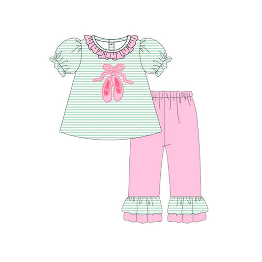 Preorder GSPO2045 Girls Boutique Shoes Bows Pattern Green Stripe Pink Ruffle Puff Short Sleeve Pants Sets 202505