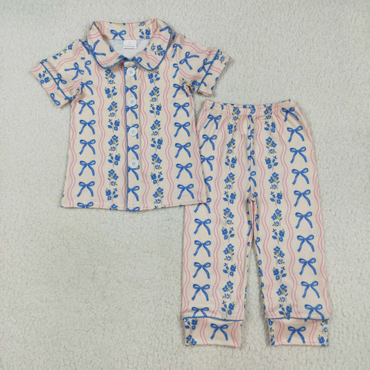 GSPO2050 Girls Boutique Blue Pink Bows Stripe Polo Button Short Sleeve Pants Pajamas Set 202507 RTS