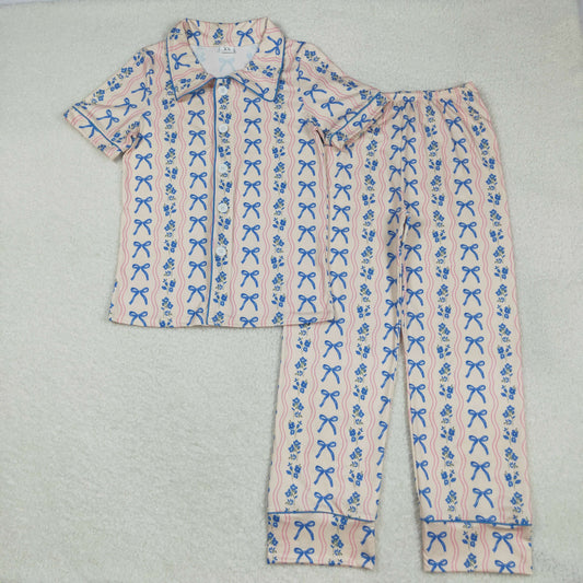 GSPO2051 Blue Pink Bows Stripe Polo Button Short Sleeve Pants Pajamas Sets  Adult Women Boutique Outfit 202507 RTS