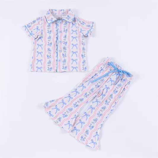 Preorder GSPO2052 Flower Bows Blue Polo Button Short Sleeve Pants Pajamas Sets Girls Boutique Outfit  202506