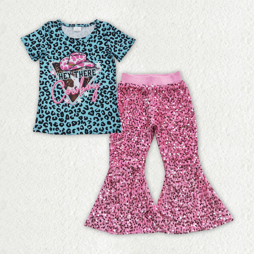 GSPO2053 Girls Boutique Cowboy Leopard Short Sleeve Pink Sequin Pants Sets 202506 RTS
