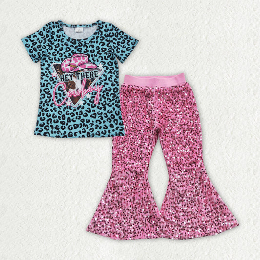 GSPO2053 Girls Boutique Cowboy Leopard Short Sleeve Pink Sequin Pants Sets 202506 RTS