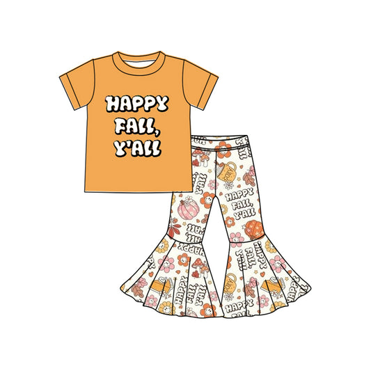 Preorder GSPO2054 Happy Fall Yall Flower Leaves Orange Short Sleeve Pants Girls Boutique Outfit  202506