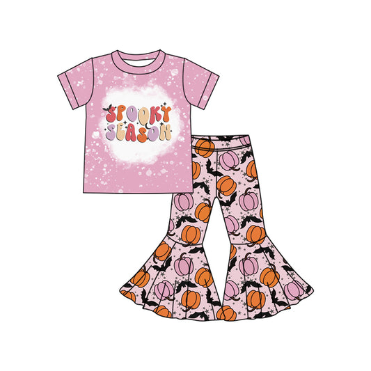 Preorder GSPO2055 Pumpkin Bat Pink Short Sleeve Top Bell Bottom Pants Girls Set 202507