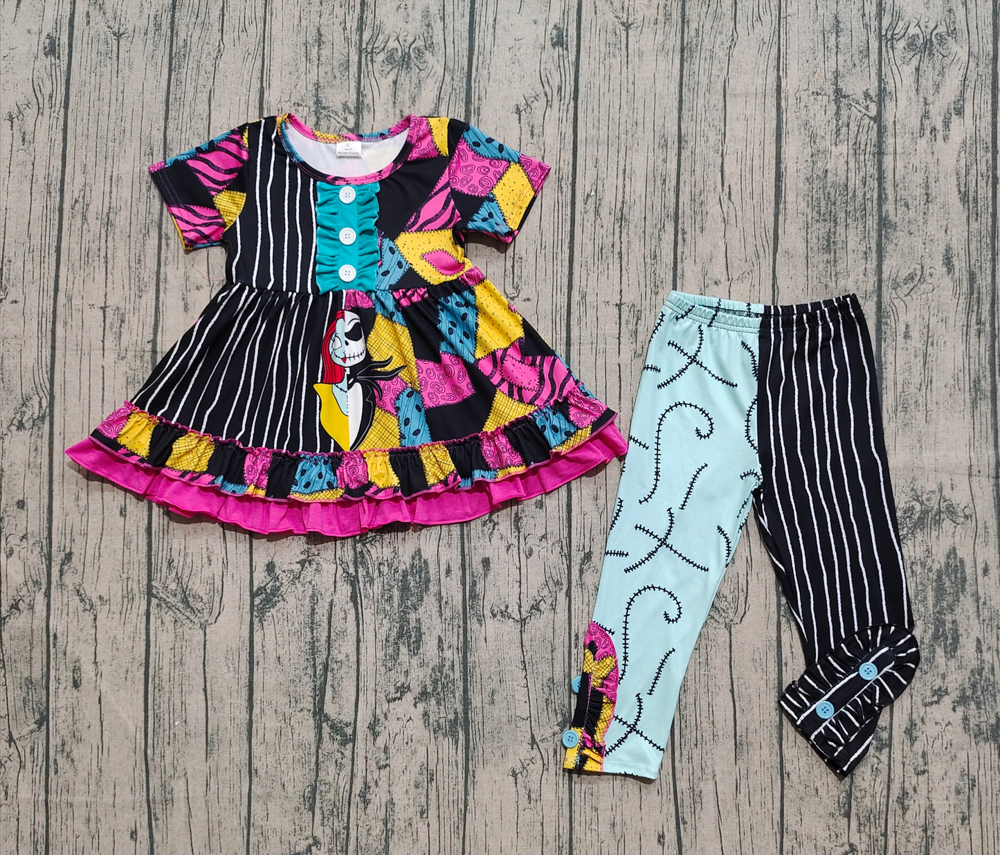 Preorder GSPO2056 Halloween Cartoon Black Stripe  Splicing Short Sleeve Pants Girls Set 202508