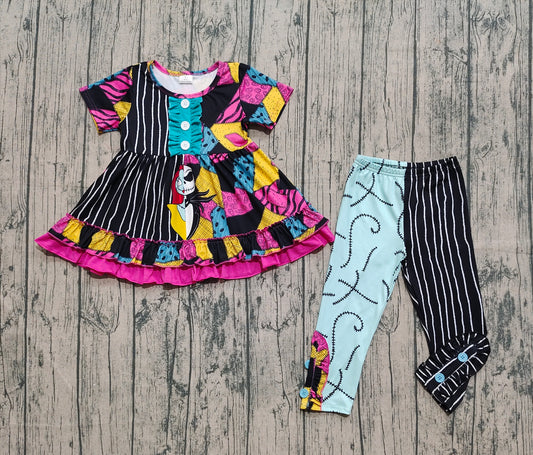 Preorder GSPO2056 Halloween Cartoon Black Stripe  Splicing Short Sleeve Pants Girls Set 202508