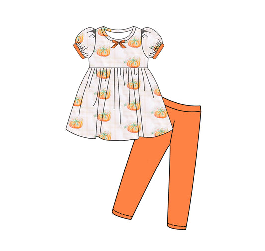 Preorder GSPO2057 Pumpkin Orange Puff Short Sleeve Pants Girls Sets 202507