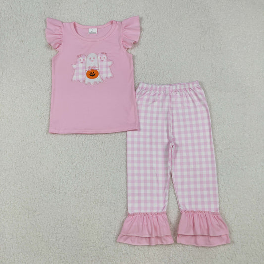 GSPO2058 Embroidered Halloween Ghost Pink Flying Sleeve Ruffle Plaid Pants Girls Sets 202509 RTS