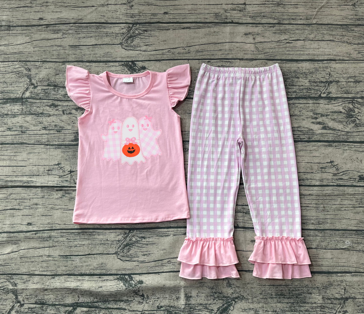Preorder GSPO2058 Embroidered Halloween Ghost Pink Flying Sleeve Ruffle Plaid Pants Girls Sets 202507