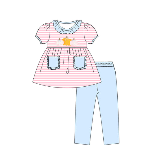Preorder GSPO2059 Pumpkin Pocket Pink Stripe Short Sleeve Pants Girls Set 202508