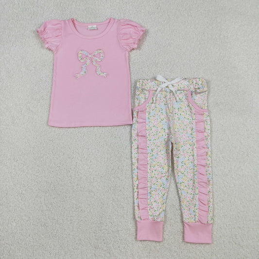 GSPO2060 Embroidered Bows Floral Pink Short Sleeve Pants Girls Set 202512 RTS