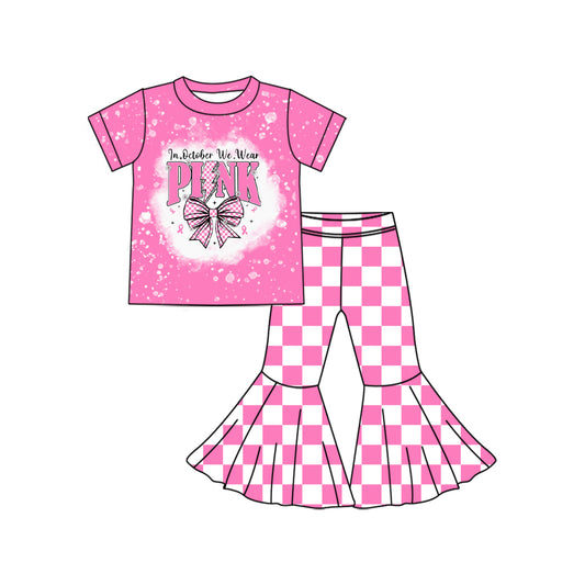 Preorder GSPO2063 Bows Pink Short Sleeve Plaid Bell Bottom Pants Girls Set 202508