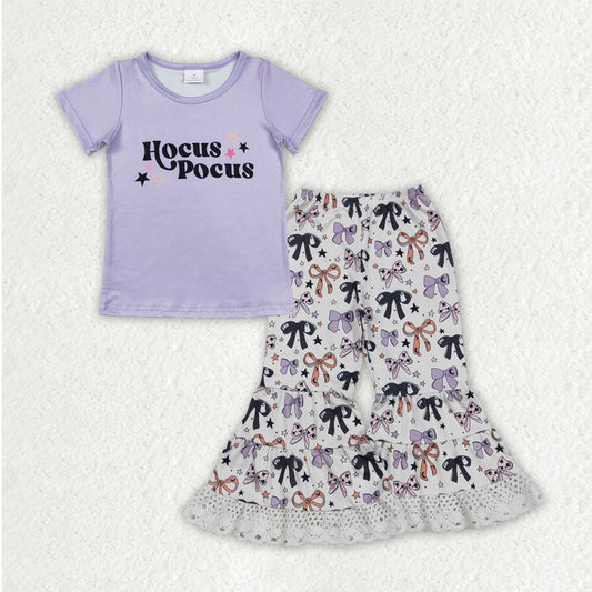 GSPO2064 Halloween Letter Bows Short Sleeve Lace Ruffle Bell Bottom Pants Girls Set 202508 RTS