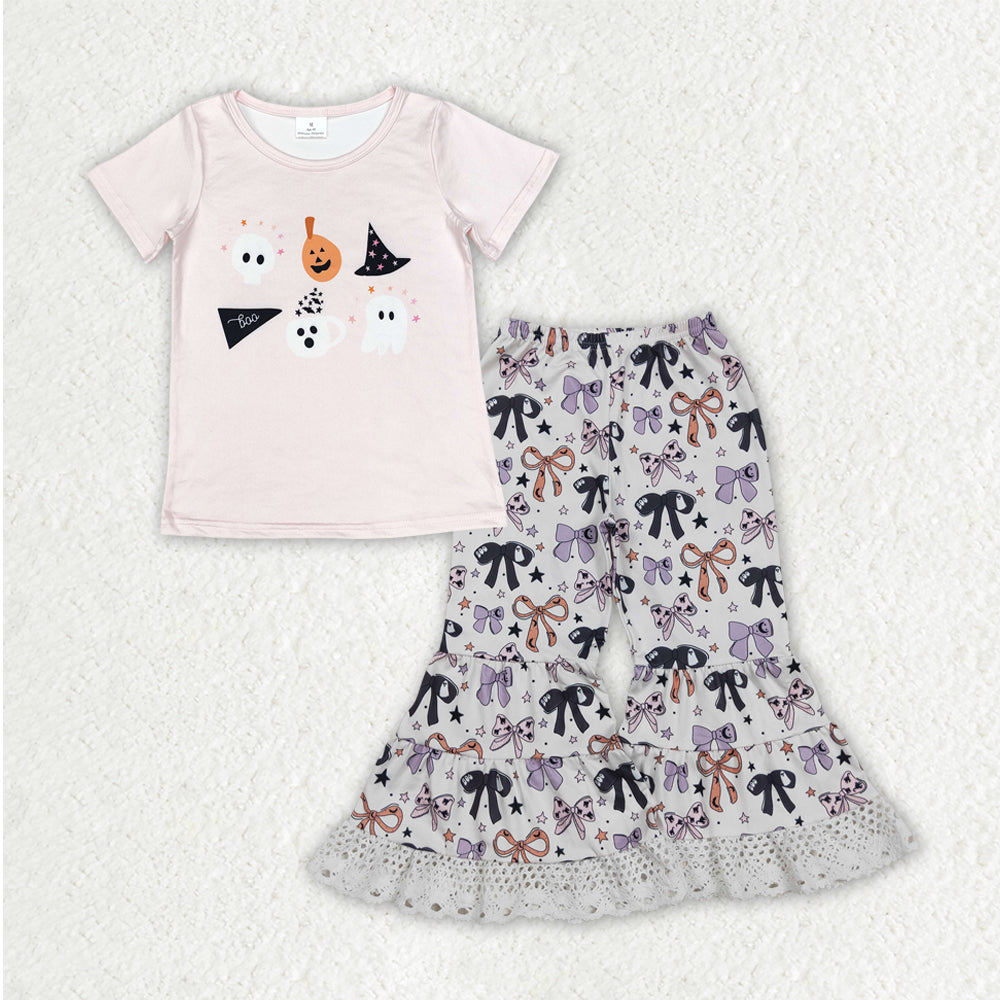 GSPO2065 Halloween Ghost Bows Short Sleeve Lace Ruffle Bell Bottom Pants Girls Set 202508 RTS