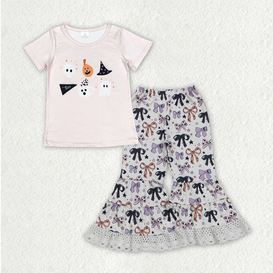GSPO2065 Halloween Ghost Bows Short Sleeve Lace Ruffle Bell Bottom Pants Girls Set 202508 RTS