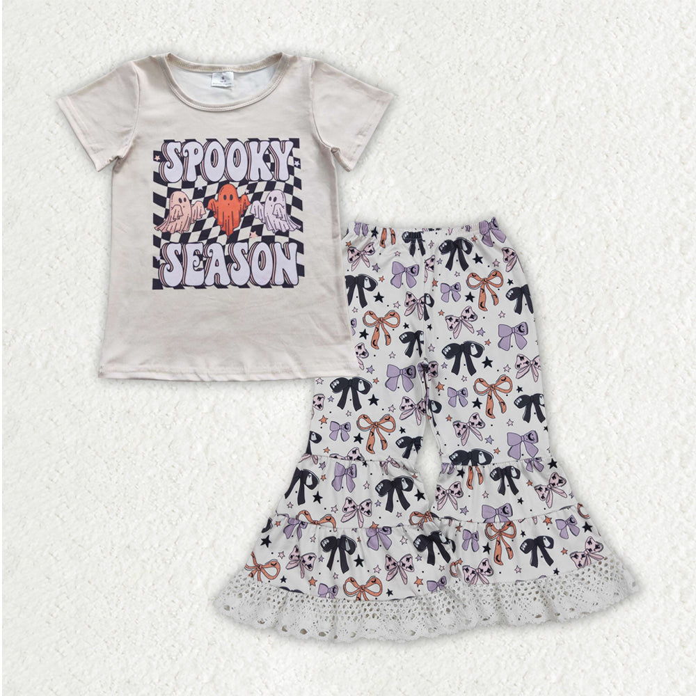 GSPO2066 Halloween Spooky Ghost Bows Short Sleeve Lace Ruffle Bell Bottom Pants Girls Set 202508 RTS