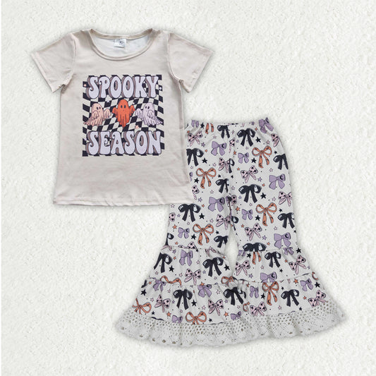 GSPO2066 Halloween Spooky Ghost Bows Short Sleeve Lace Ruffle Bell Bottom Pants Girls Set 202508 RTS
