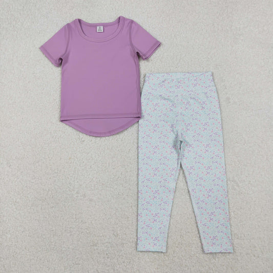 GSPO2067 Pure Purple Short Sleeve Floral Pants Girls Yoga Sets 202510 RTS