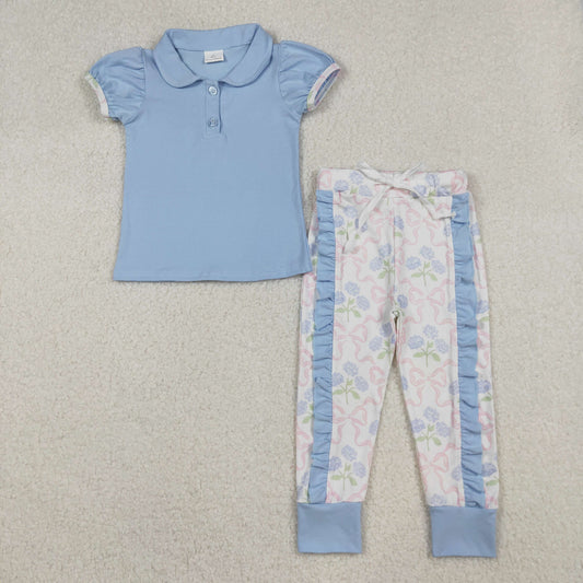 GSPO2069-XS-3XL Polo Doll Collar Short Sleeve Flower Bows Ruffle Pants Girls Set 202510 RTS