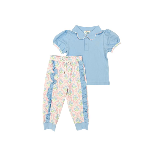 MOQ 8 Preorder GSPO2069 Polo Doll Collar Short Sleeve Flower Bows Ruffle Pants Girls Set 202509