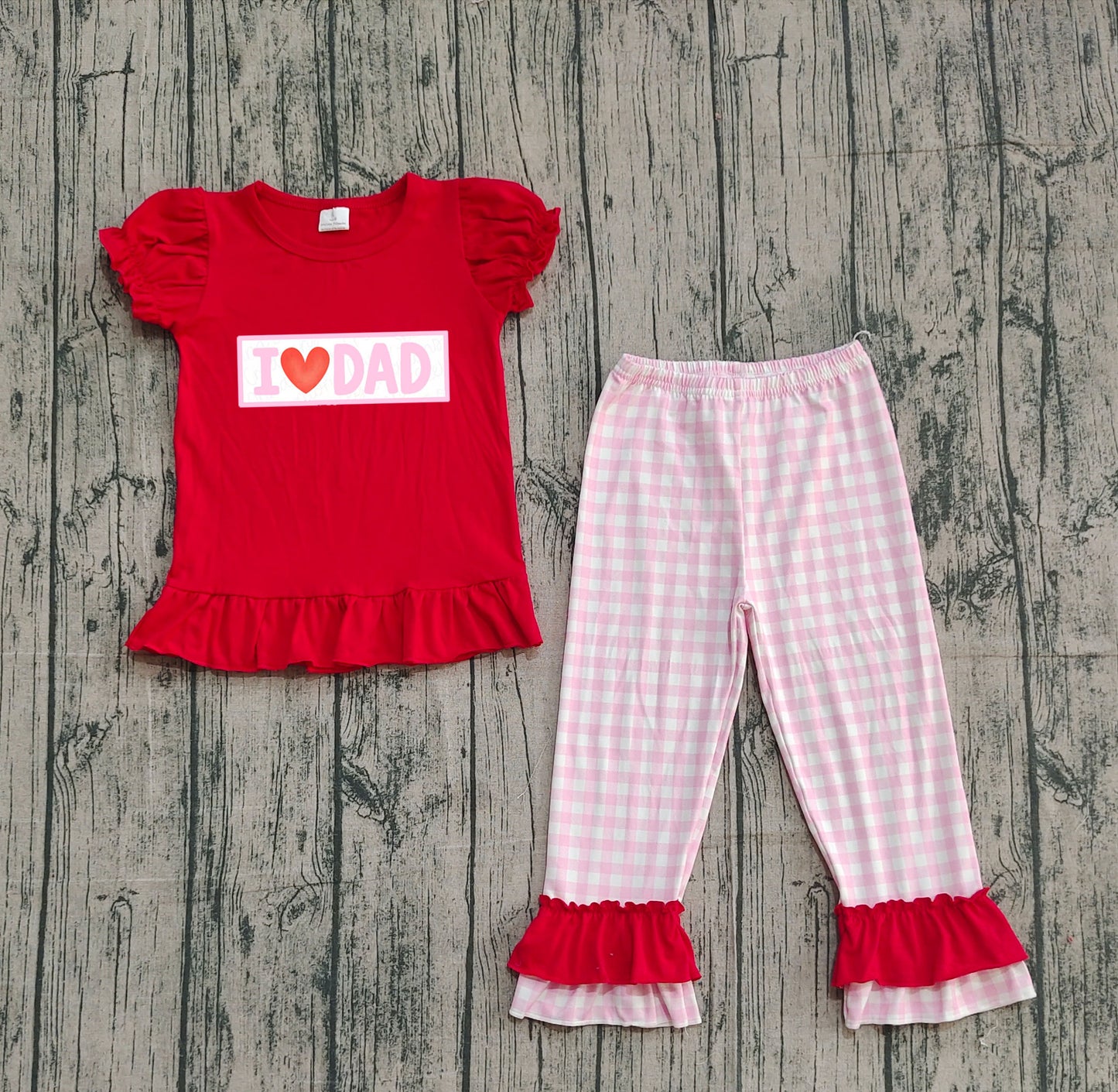 GSPO2072 Embroidered I Love Dad Short Sleeve Plaid Pants Girls Set 202510 RTS Sibling
