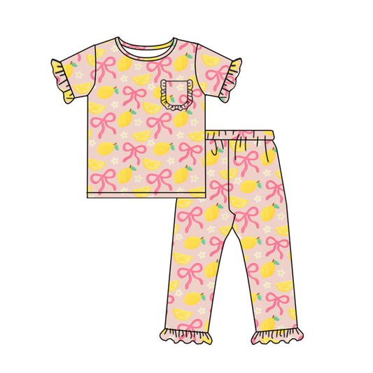 MOQ 8 Preorder GSPO2074 Lemon Flower Bows Short Sleeve Top Pants Girls Set 202509 Sibling