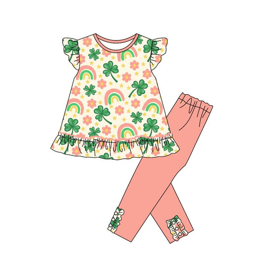 MOQ 8 Preorder GSPO2078 St. Patrick's Day Four-Leaf Clover Rainbow Flower Star Ruffle Flying Sleeve Top Pants Girls  Sets  202509