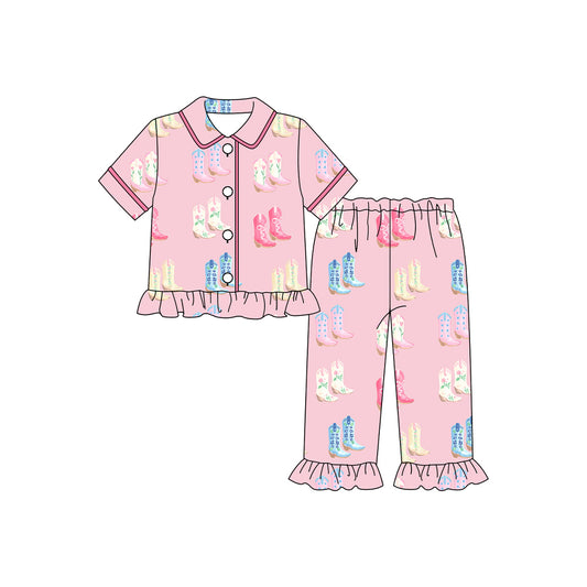 MOQ 8 Preorder GSPO2082 Cowgirl Boots Pink Button Polo Short Sleeve Top Pants Girls Pajamas Sets  202509