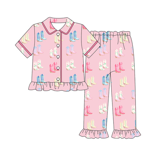 MOQ 8 preorder GSPO2083 Adult Female Cowgirl Boots Pink Button Polo Short-Sleeved Pants Pajamas Set 202509
